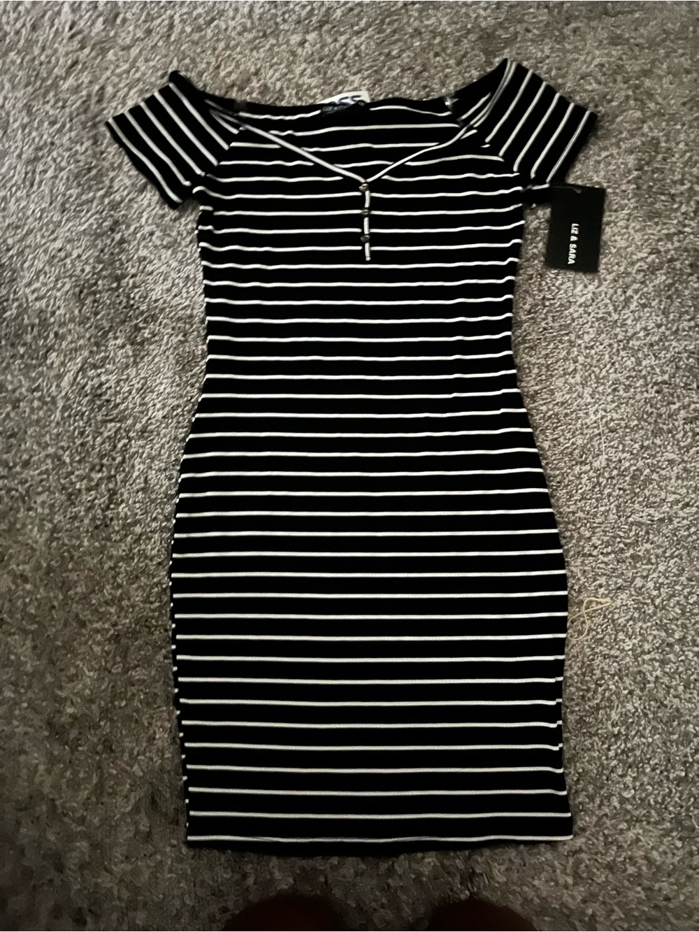 La Blanca Black & White Striped Off-Shoulder Midi Dress